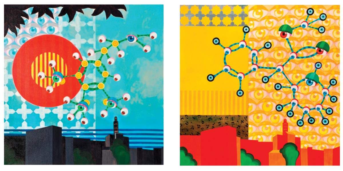 אליהו אריק בוקובזה, שתי עבודות מתוך הסדרה "כמיקל ג'רוזלם". מימין: ריטלין, מסקלין, אקריליק על קנבס, 2012-2010, 90X90 כל חלק