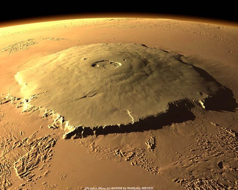 תמונת לווין של אולימפוס מונס שבמאדים, הר הגעש הגדול ביותר במערכת השמש – שגובהו גדול פי שלושה מגובה האוורסט. יתכן שפליטת הגזים הוולקניים, ובמיוחד גז החממה גופרית דו-חמצנית, גרמה, לפני כארבעה מיליארד שנה, להתחממות פני השטח של כוכב-הלכת