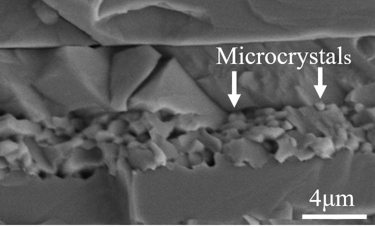 מיקרו-גבישים שנוצרו באמצעות ריפוי עצמי תיקנו איזור שנהרס כליל בתוך גביש של פרובסקיט האלידי