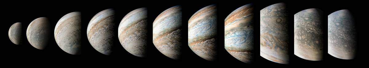 מסביב לצדק ב-95 דקות: המצלמה של ג'ונו מתעדת את השתנות פני השטח של כוכב הלכת בעודה מקיפה אותו מהקוטב הצפוני (תצלום ראשון מימין) ועד הקוטב הדרומי (אחרון משמאל)