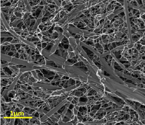ננו-חומר מרוכב כפי שהוא נראה במיקרוסקופ אלקטרונים: ננו-צינוריות פחמן (חוטים דקים) המופרדות זו מזו מתלפפות סביב גבישים גליליים של צבע אורגני