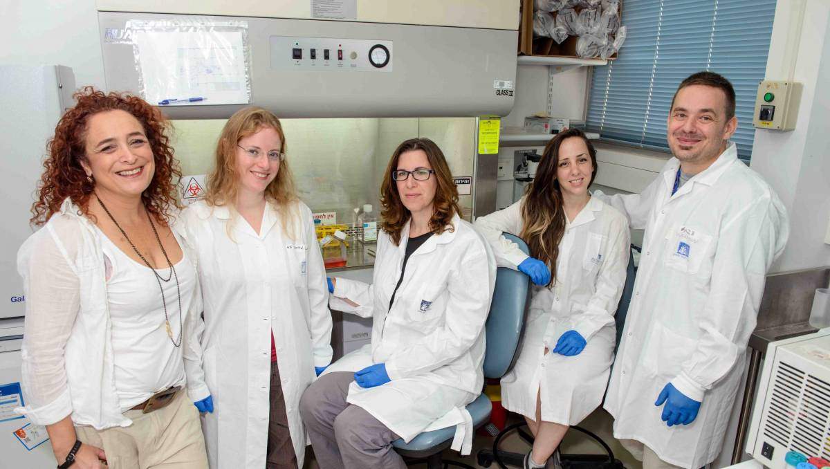 (l-r) Prof. Idit Shachar, Dr. Avital Barak, Dr. Shirly Becker-Herman, Hadas Lewinsky and Dr. Matthias Kramer reveal how certain cancer cells get help in surviving