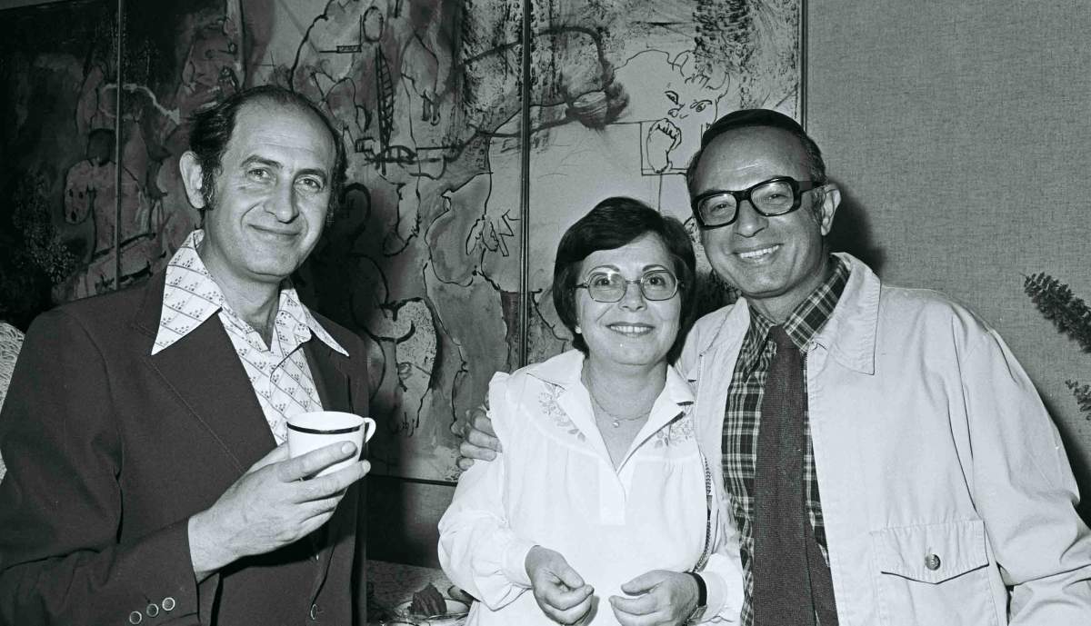 (l-r) Profs. Meir Wilchek, Sara Fuchs and Nathan Sharon at a conference honoring Prof. Christian Anfinsen, 1979