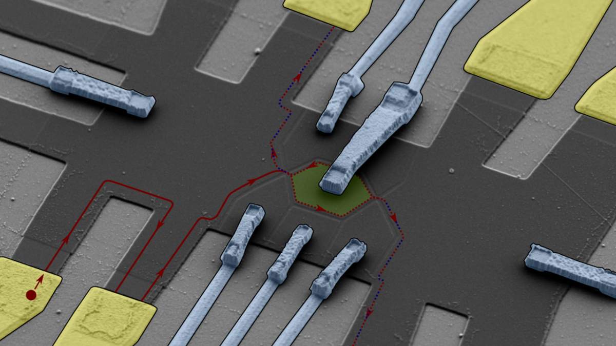 ניסוי ההתאבכות הקוונטי כפי שנראה תחת מיקרוסקופ אלקטרונים. השימוש בגרפן דו-שכבתי אפשר למדענים לשלוט במסלול של אניון בחומר (באדום). הם גרמו לגל שלו להקיף אי שמכיל שדה מגנטי ואניונים אחרים (בירוק) ואז הפגישו אותו שוב עם הגל המקורי, על מנת ללמוד על תכונותיו. השערים החשמליים (באפור כהה) מאפשרים למדענים לנתב את האניונים במסלולים מוגדרים בחומר וגם לקבוע את צפיפות האלקטרונים באי