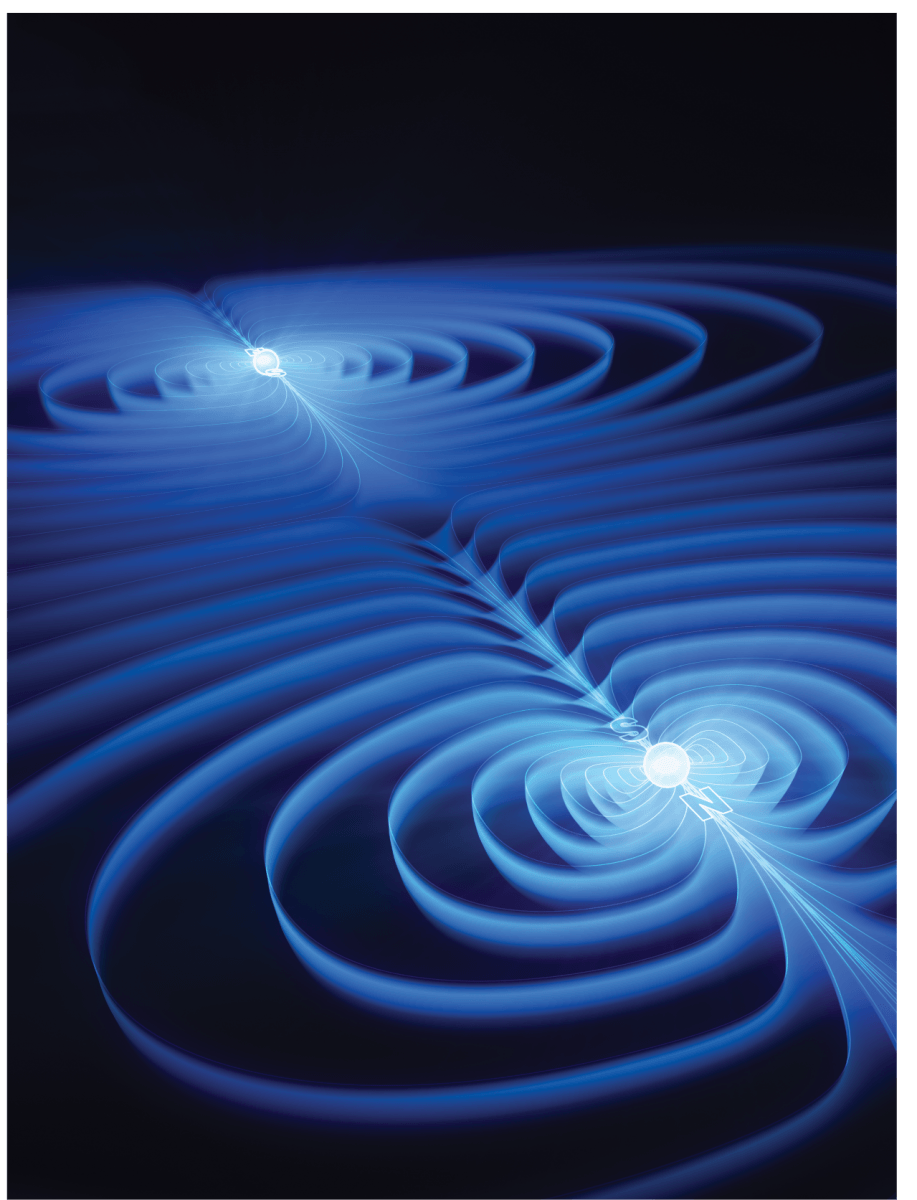 איור המדגים את קווי השדות המגנטיים של שני אלקטרונים המסודרים כך שהספינים שלהם מכוונים לכיוונים הפוכים