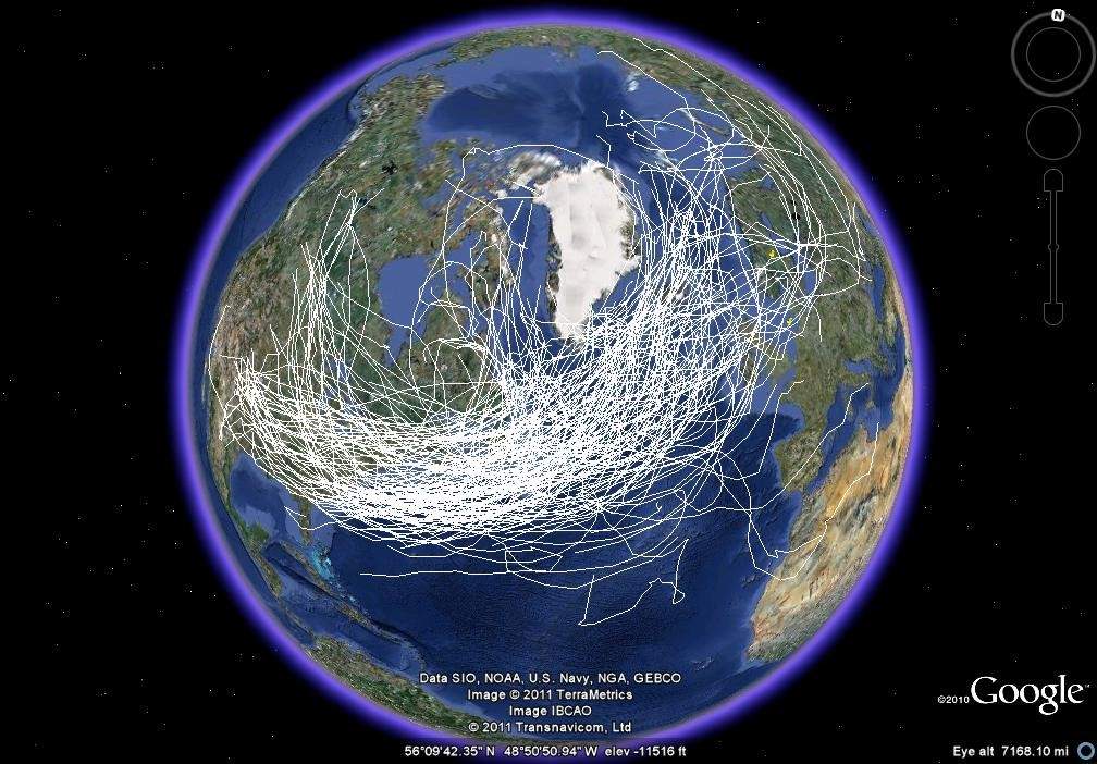 מסלולי 200 הסופות החזקות ביותר באיזור הצפון-אטלנטי. מקור: Google Earth