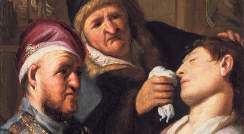 "החולה מחוסר ההכרה (אלגוריה על חוש הריח)", 1625. רמברנדט צייר יצירה זו בגיל 19 כחלק מסדרת עבודות של חמשת החושים. הציור התגלה ב-2015 באוסף של משפחה בניו ג'רזי