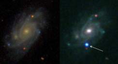 מראה הגלקסיה UGC 9379 לפני התרחשות הסופרנובה (משמאל) ובזמן ההתפוצצות (מימין, הסופרנובה מסומנת בחץ)