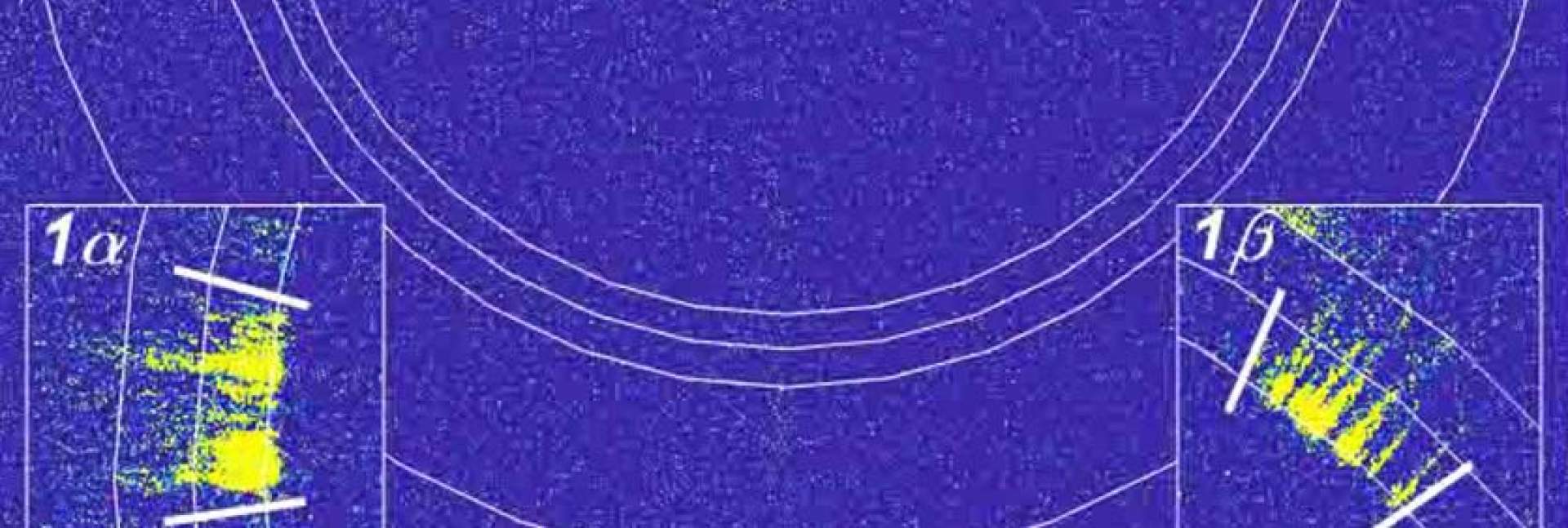 "חתימת" קרני הרנטגן הראשונה של גרעין הקפיאה (בצהוב) כפי שהופיעה על מסך הגלאי (בכחול). דפוסי פיזור קרני הרנטגן חשפו את פרטי ההתגבשות ברמת האטום הבודד