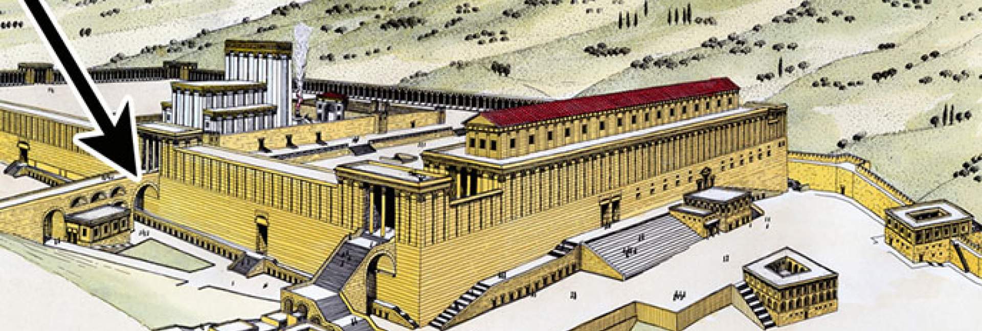 הדמיה של הר הבית בתקופת הורדוס. מסומנת בחץ – קשת וילסון