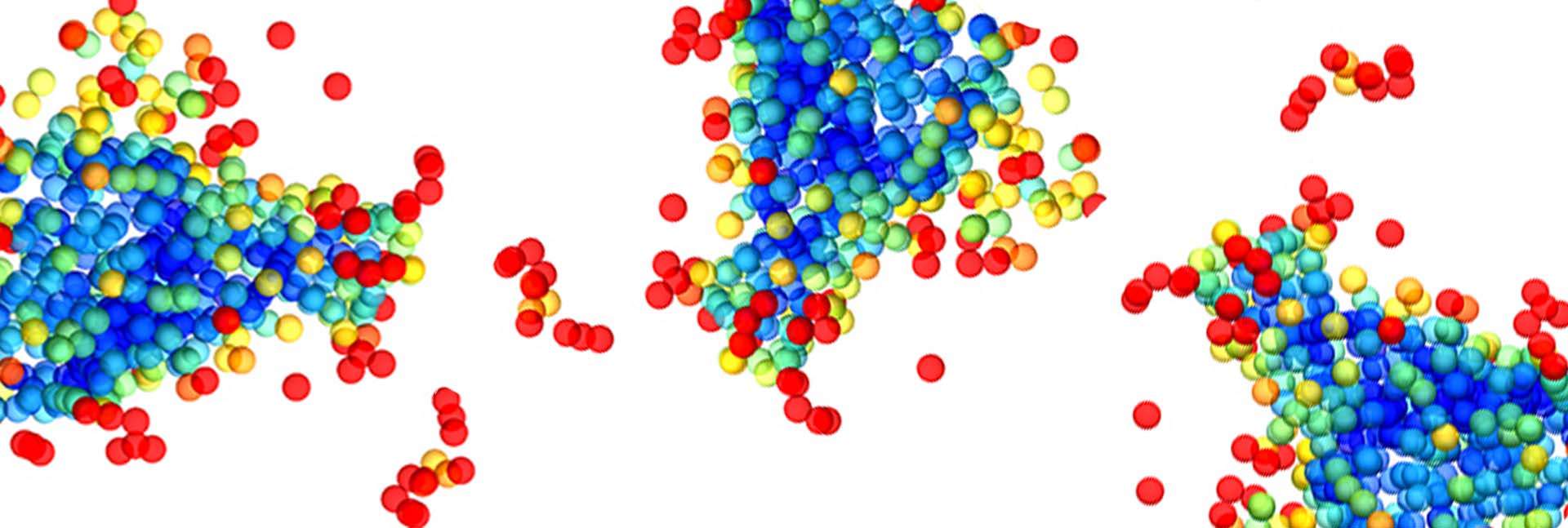 הצגה סכמטית של מולקולות בודדות בגביש מראה את התפתחות הסדר מדרגה נמוכה ביותר (אדום) לגבוהה ביותר (כחול)