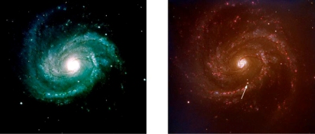  גלקסיית Messier 100 לפני התרחשות סופרנובה (משמאל) ואחריה (מימין, מסומנת בחץ). צילום: European Southern Observatory (ESO)