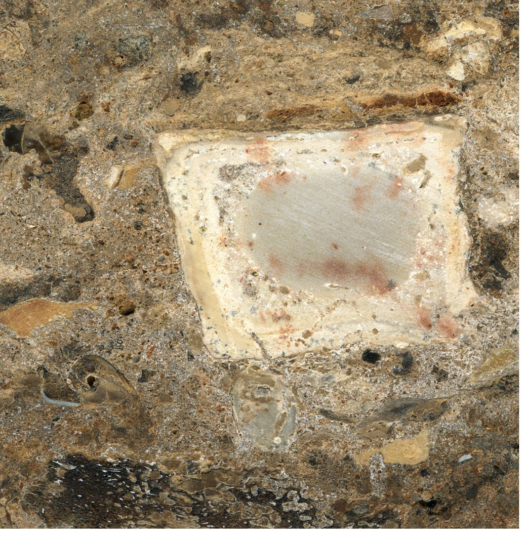 סריקה של "בלוק" אדמה משוייף שנחפר מהמערה, ובו נראים עצמות שרופות ושברי אבן גיר בתוך משקע אפור של אפר המדורה