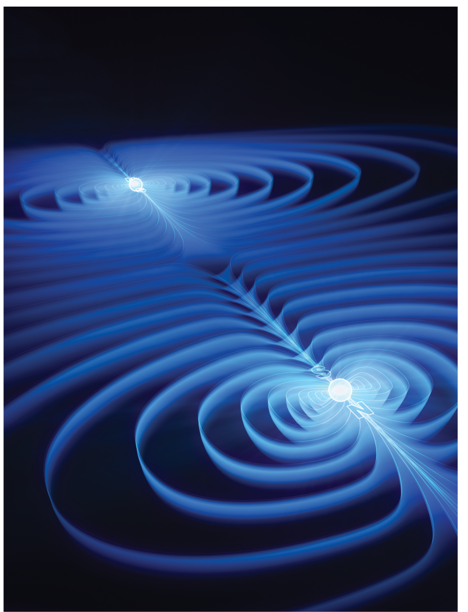 איור המדגים את קווי השדות המגנטיים של שני אלקטרונים המסודרים כך שהספינים שלהם מכוונים לכיוונים הפוכים