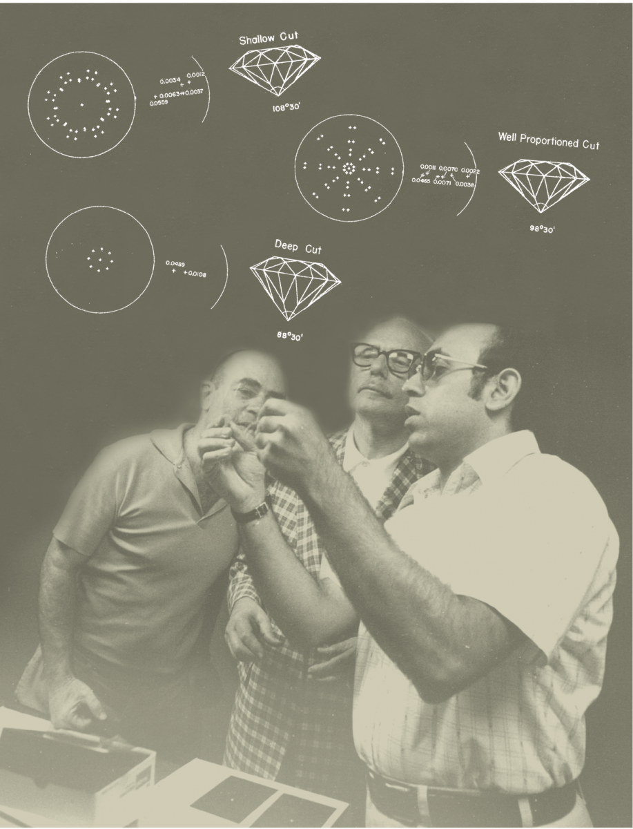 ויליאם לוין (במרכז), סוחר יהלומים נודע מארה"ב, בביקורו במכון ויצמן למדע בשנת 1974, בוחן "טביעות אצבעות" של יהלומים שנתקבלו בעזרת מערכת ה"ג'מפרינט", עם צ'ארלי בר-יצחק (מימין) ופרופ' שמואל שטריקמן 